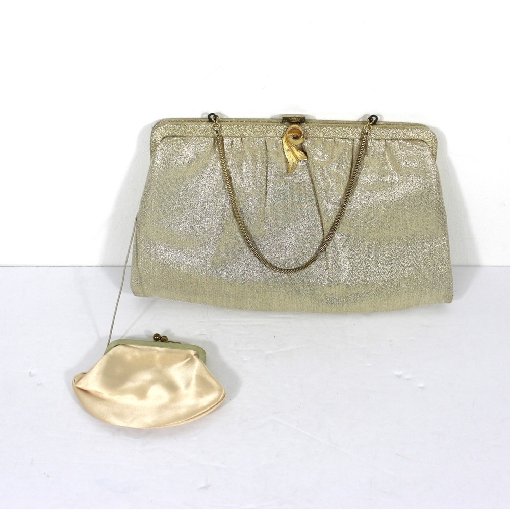 Vintage Gold Lamé Clutch Evening Bag with Coin Purse and Chain